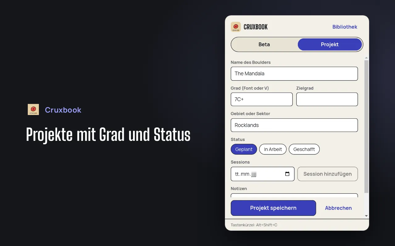 Projektformular mit dem Namen The Mandala, Grad 7C+, Gebiet Rocklands und dem Status geplant, in Arbeit oder geschafft