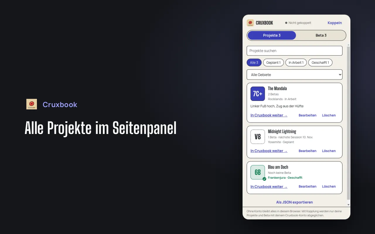 Seitenpanel mit drei Projekten, Suchfeld und Status-Filtern und einem Link, um jedes Projekt in Cruxbook weiterzuführen