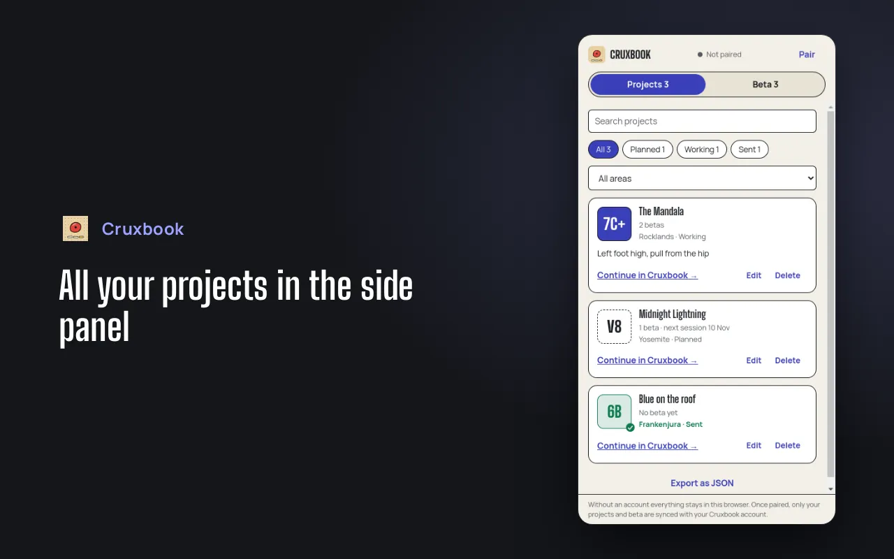 Side panel with three projects, a search field and status filters, and a link to continue each project in Cruxbook