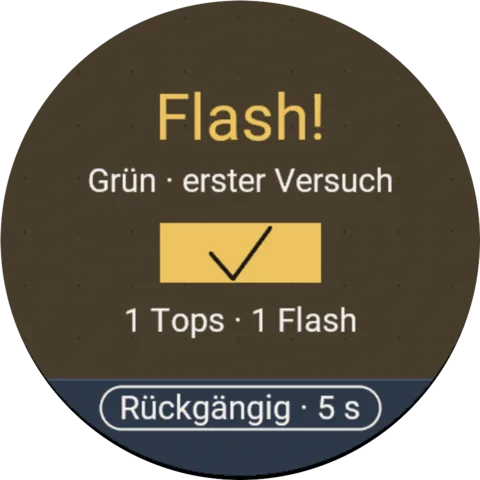 Garmin-Uhr mit der Flash-Karte: Grün im ersten Versuch, 1 Top, 1 Flash und der Knopf „Rückgängig“ für 5 Sekunden.