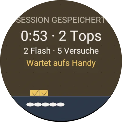Garmin-Uhr mit der Zusammenfassung: 0:53 Stunden, 2 Tops, 2 Flash, 5 Versuche, wartet aufs Handy.
