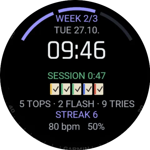 Garmin watchface showing 06:52, the date, weekly goal, streak and the note that no session is running.