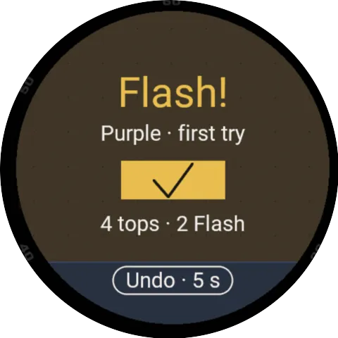Garmin watch showing the flash card: green on the first attempt, 1 top, 1 flash and an undo button for 5 seconds.