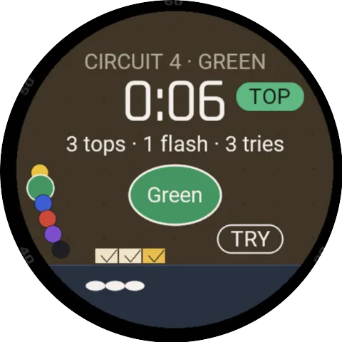 Garmin watch during a session: circuit Autumn, red, 0:40 minutes, 2 tops, 2 flashes, 5 attempts, colour dots and the "Versuch" (attempt) button.