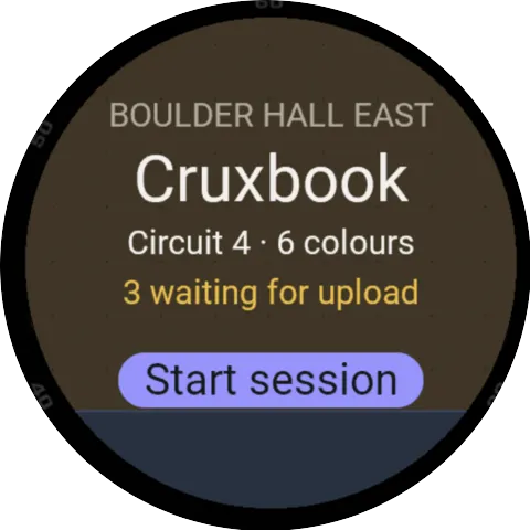 Garmin watch showing the start screen: Kletterwerk Ost, circuit Autumn with 6 colours, 3 sessions waiting for upload and the "Session starten" (start session) button.