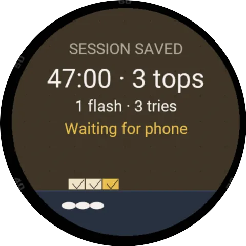 Garmin watch showing the summary: 0:53 hours, 2 tops, 2 flashes, 5 attempts, waiting for the phone.